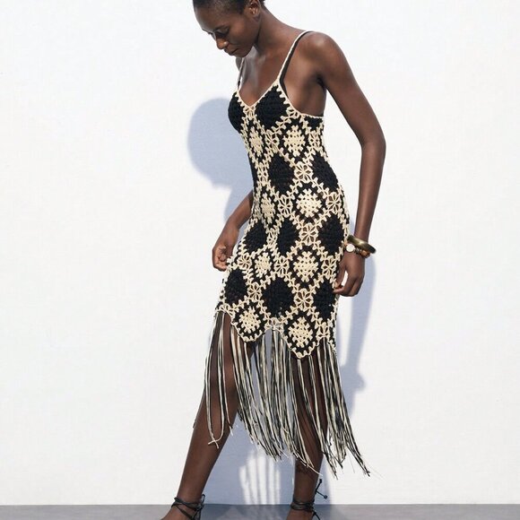 Black and White Party Women's Contrast Color Crochet Knit Sweater Dress - Picture 2 of 8